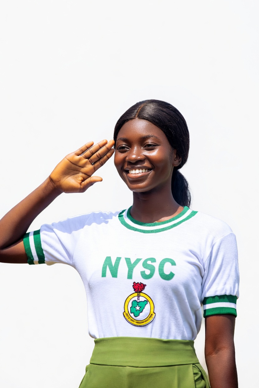 Smiling NYSC corps member in uniform giving a salute